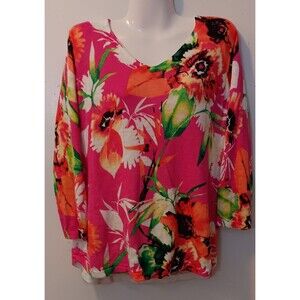 Chico's Women's Pink White Green V-Neck Lightweight Pullover Sweater, 1 (Medium)